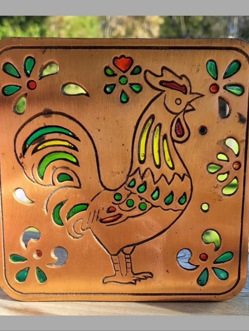 Vintage Metal Rooster Trivet, 6x6, Colorful Glass Inlays Cutouts, 1984, R.O.C.